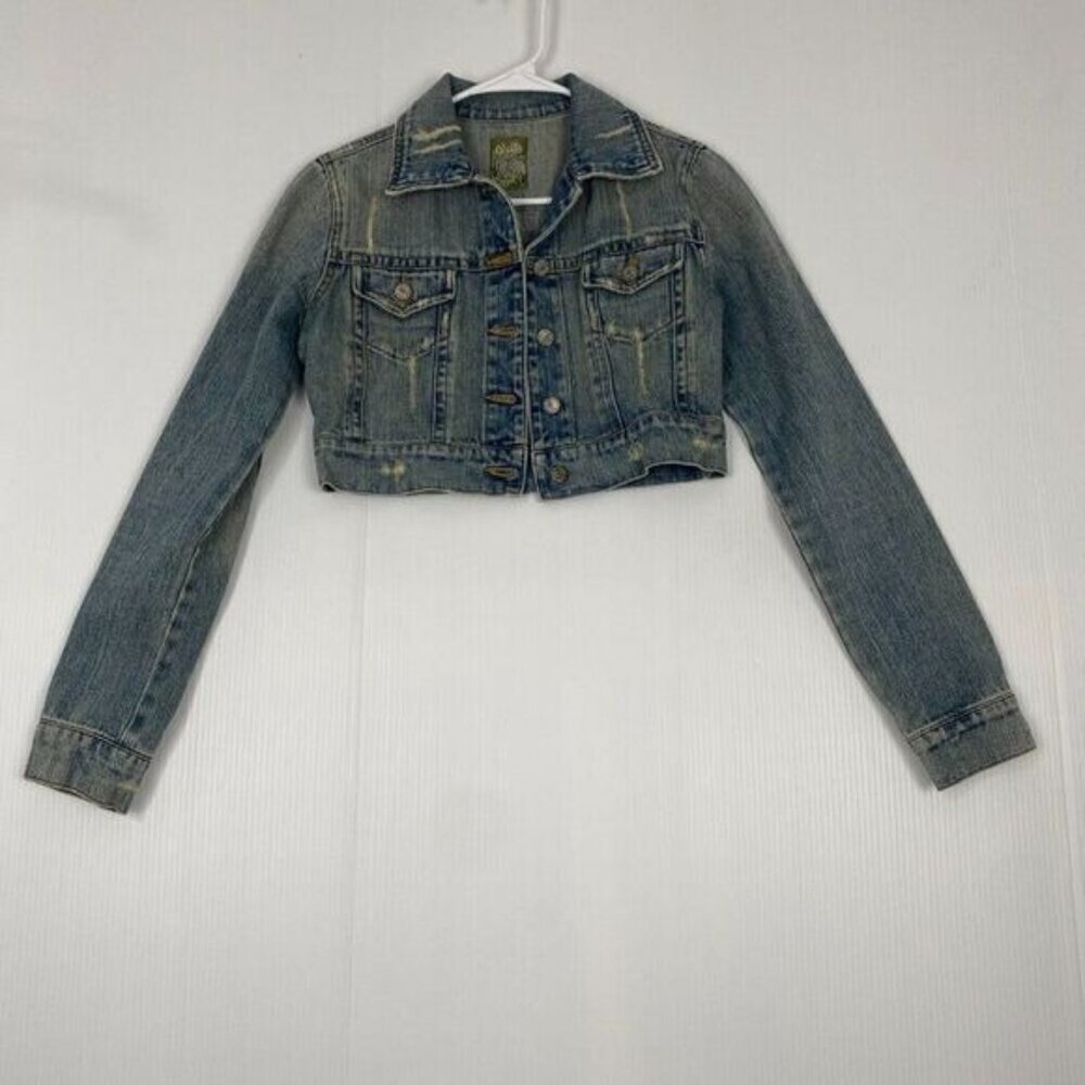 Teens  Distressed Denim Jean Jacket Size Medium see measurements